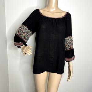 Max Studio Black Embroidered Peasant Top